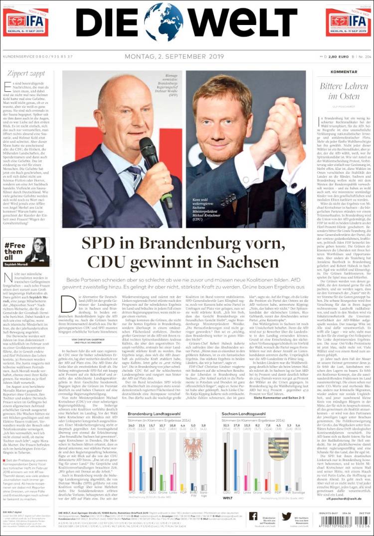 Portada de Die Welt (Alemania)