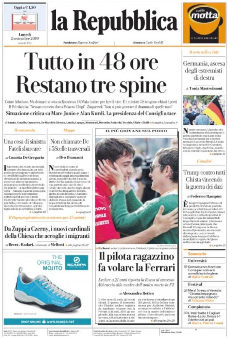 Portada de La Repubblica (Italia)