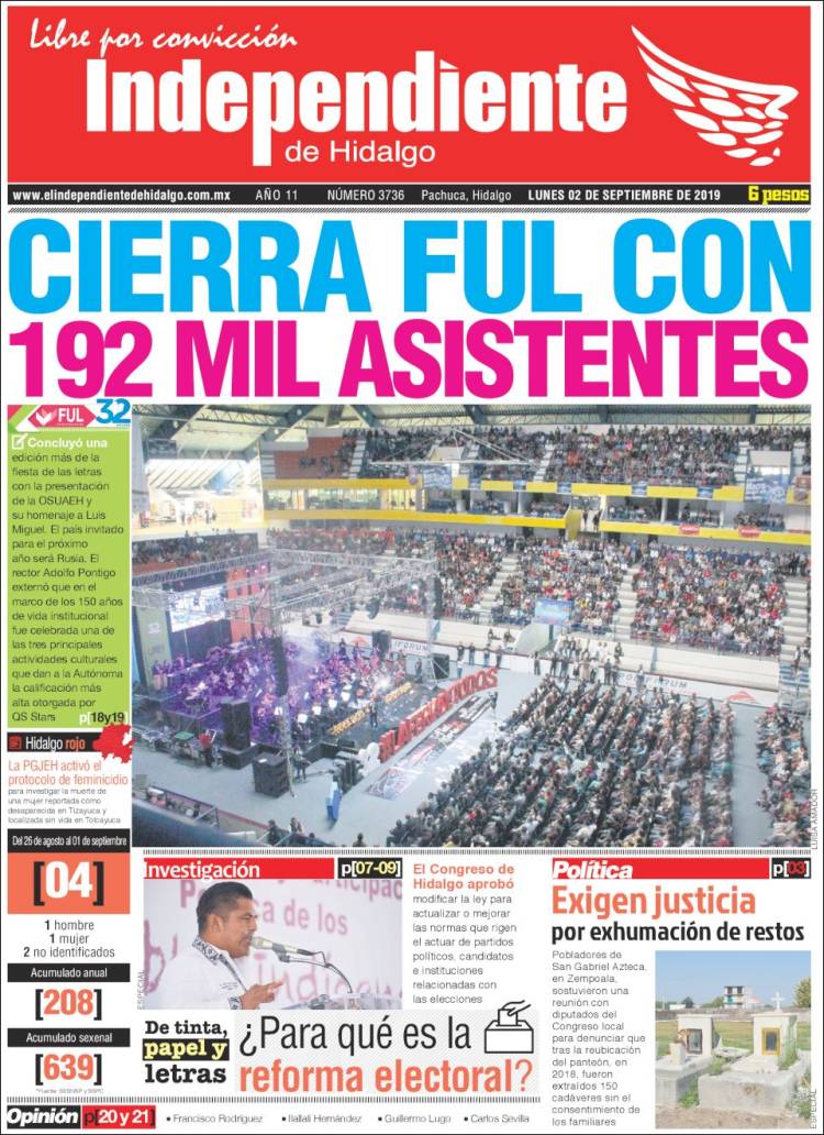 Portada de El Independiente de Hidalgo (M&eacute;xico)