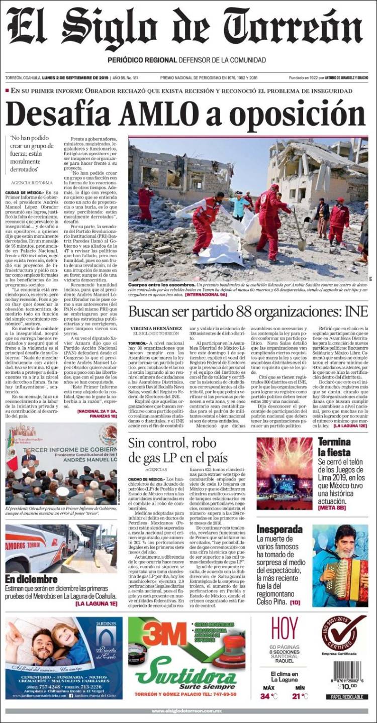 Portada de El Siglo de Torreon (M&eacute;xico)