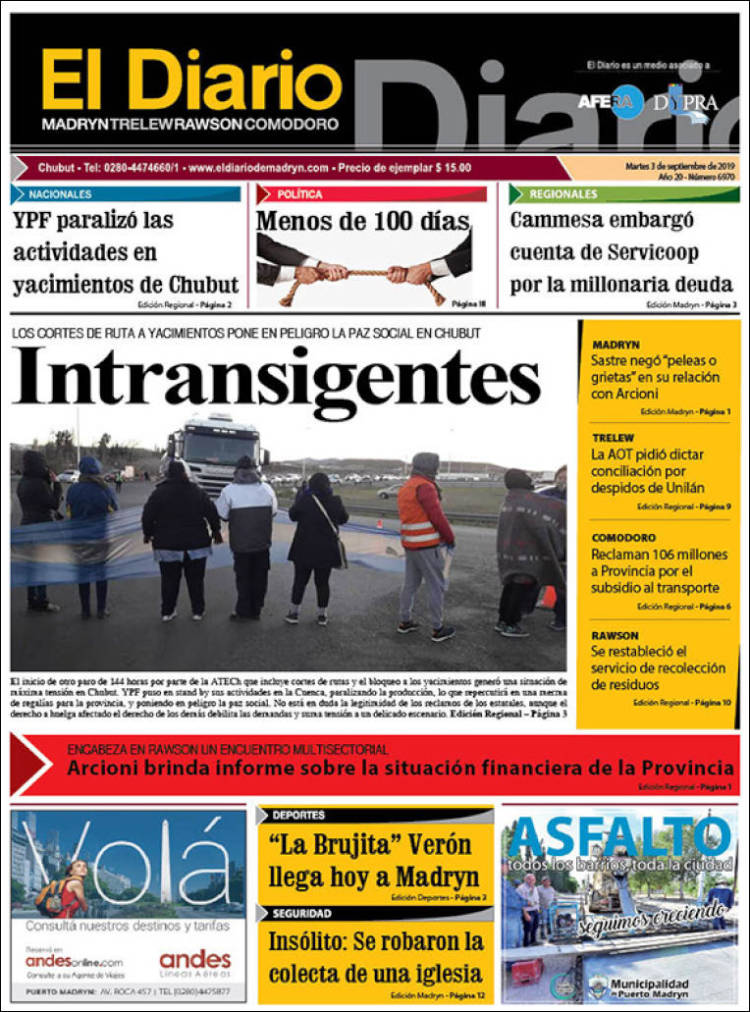 Portada de El Diario de Madryn (Argentina)