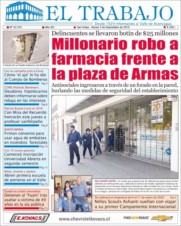 Portada de El Trabajo (Chile)