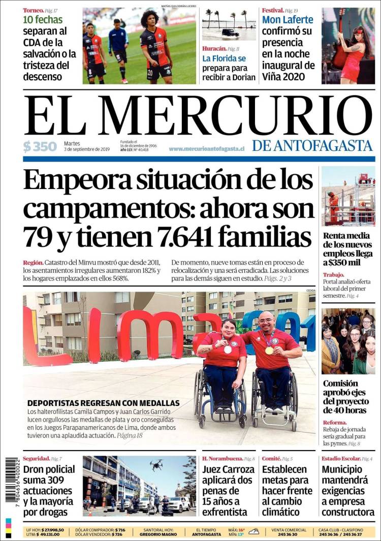 Portada de El Mercurio de Antofagasta (Chile)