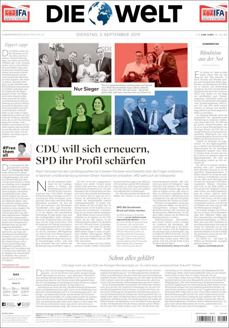 Portada de Die Welt (Alemania)