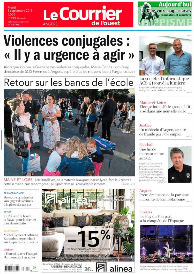 Portada de Le Courrier de l'Ouest (Francia)