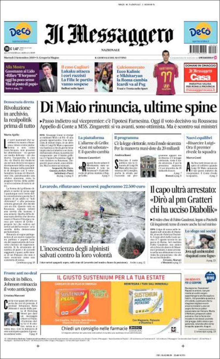 Portada de Il Messaggero (Italia)
