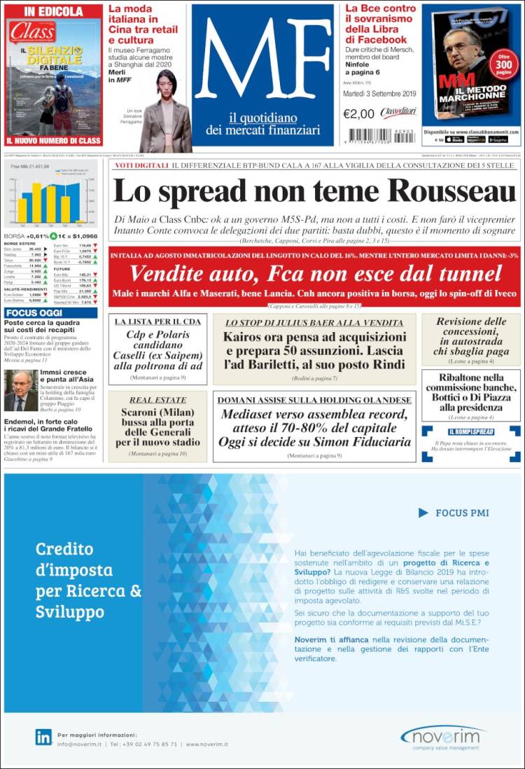 Portada de Milano Finanza (Italia)