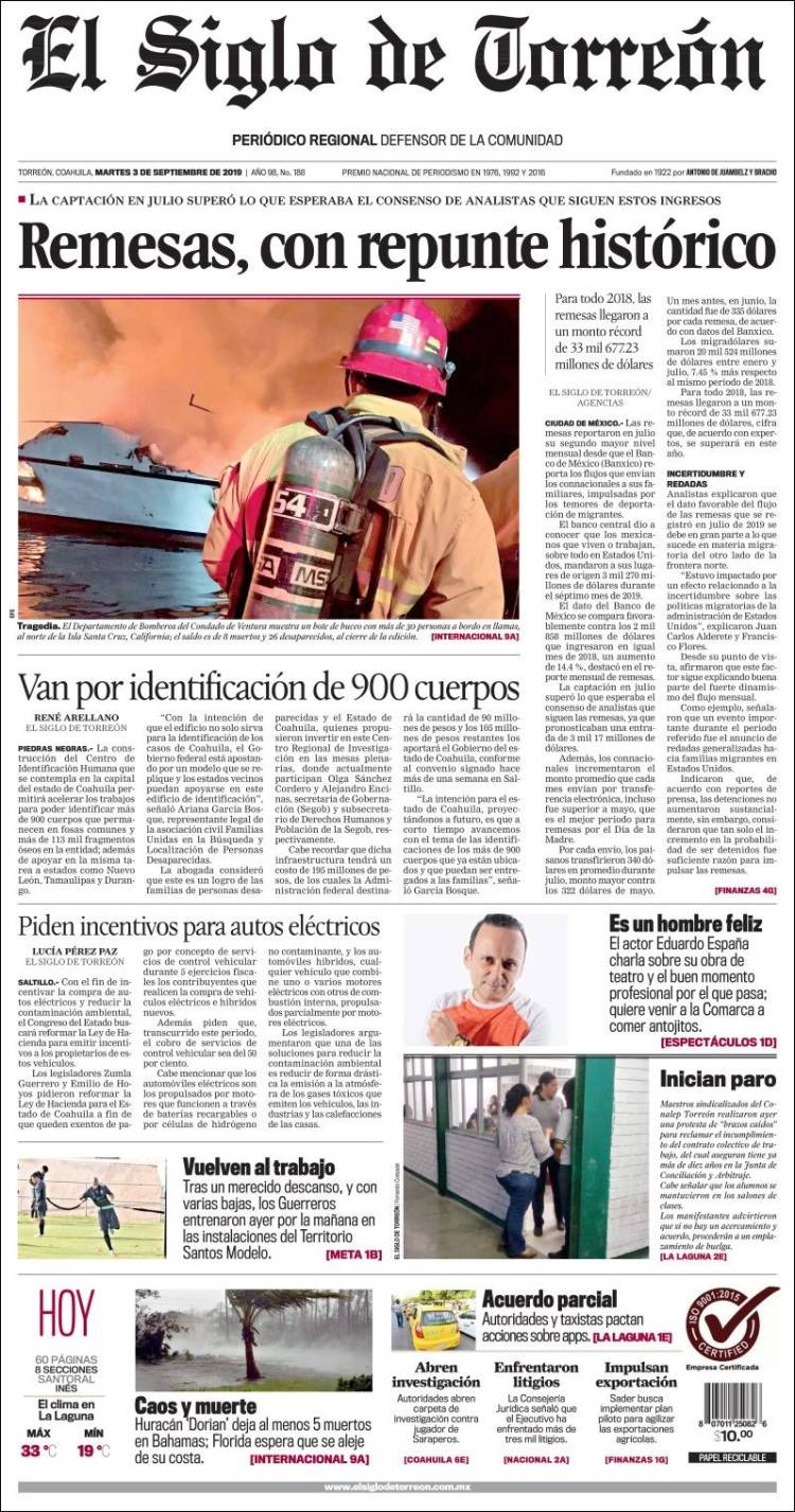 Portada de El Siglo de Torreon (M&eacute;xico)