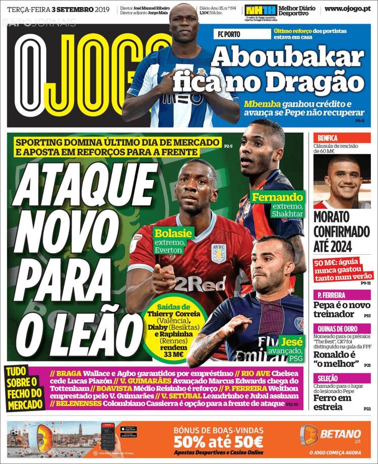 Portada de O Jogo (Portugal)