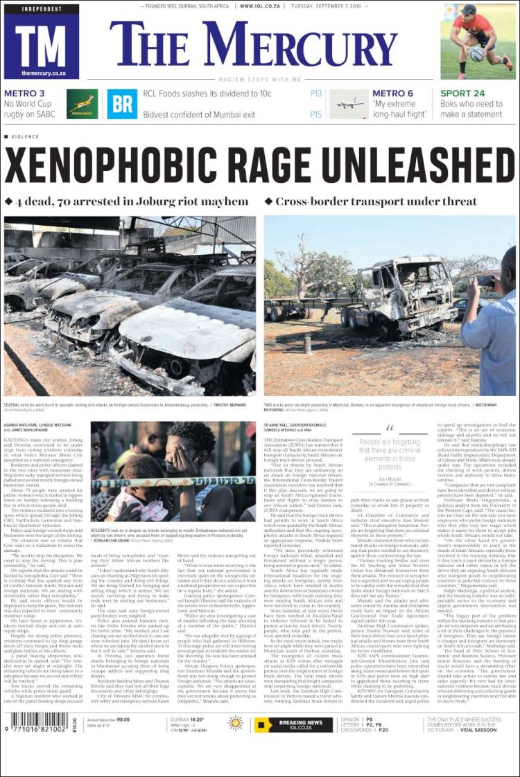 Portada de The Mercury (Sud&aacute;frica)