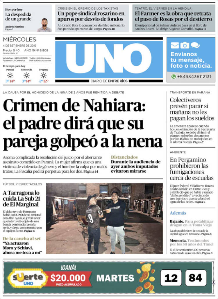 Portada de Diario Uno de Entre Ríos (Argentina)