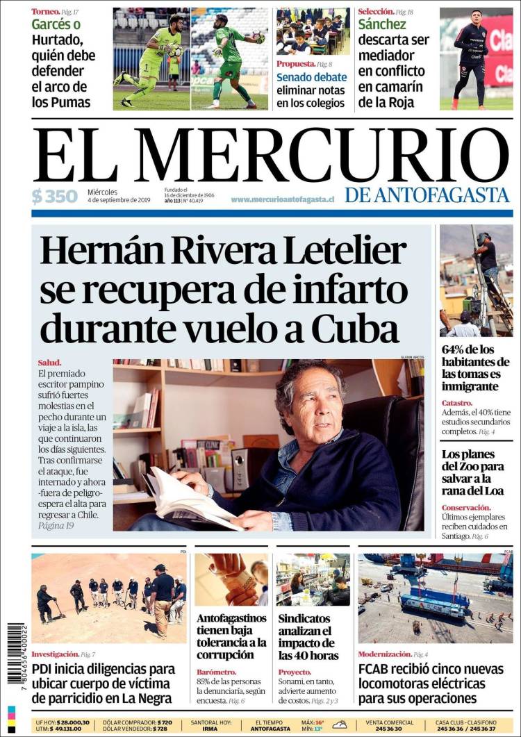 Portada de El Mercurio de Antofagasta (Chile)