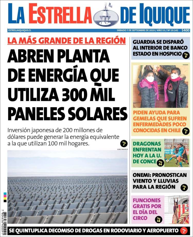 Portada de La Estrella de Iquique (Chile)