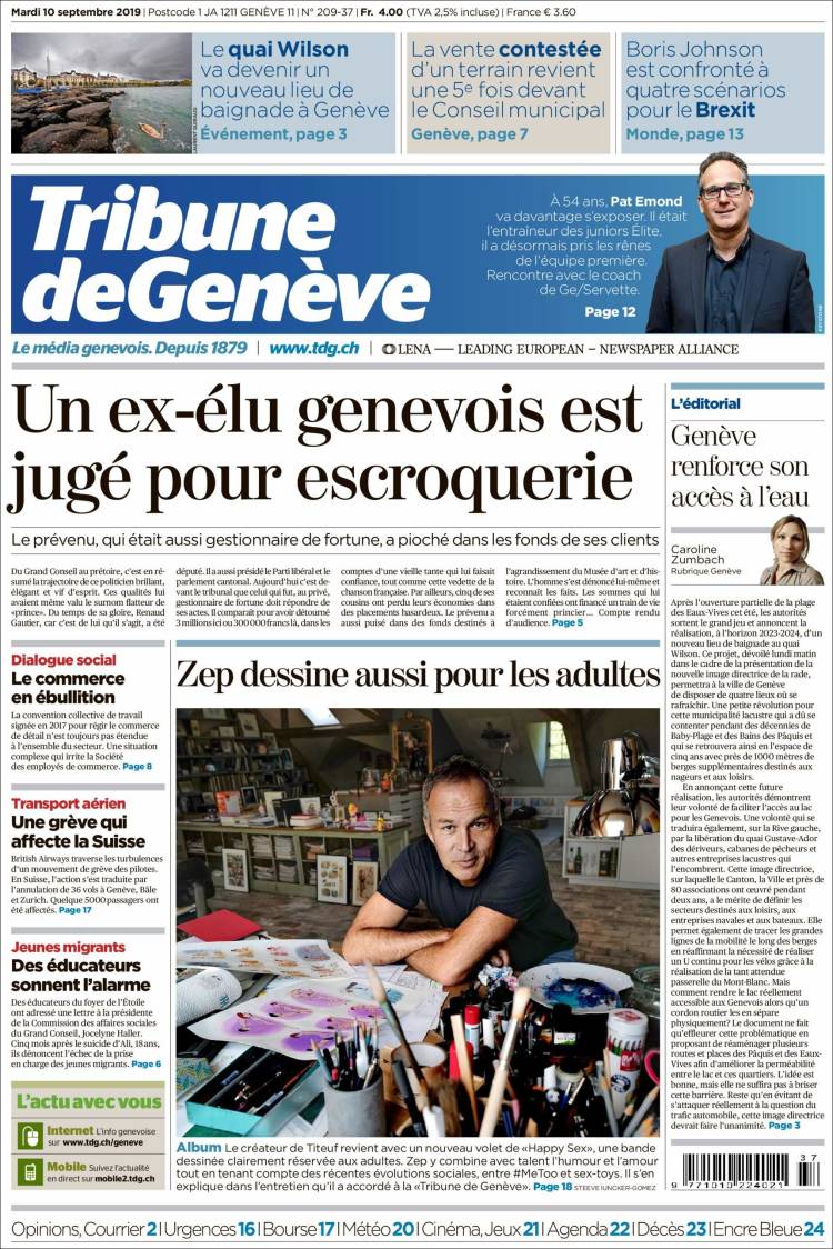 Portada de La Tribune de Genève (Suiza)