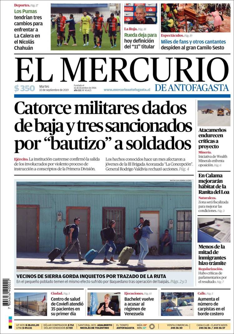 Portada de El Mercurio de Antofagasta (Chile)