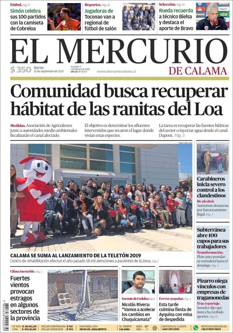 Portada de El Mercurio - Calama (Chile)