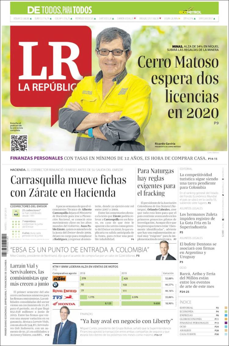 Portada de La Republica (Colombia)