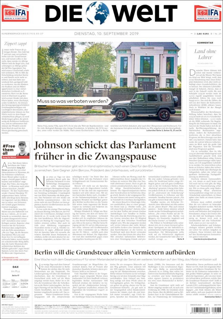 Portada de Die Welt (Alemania)