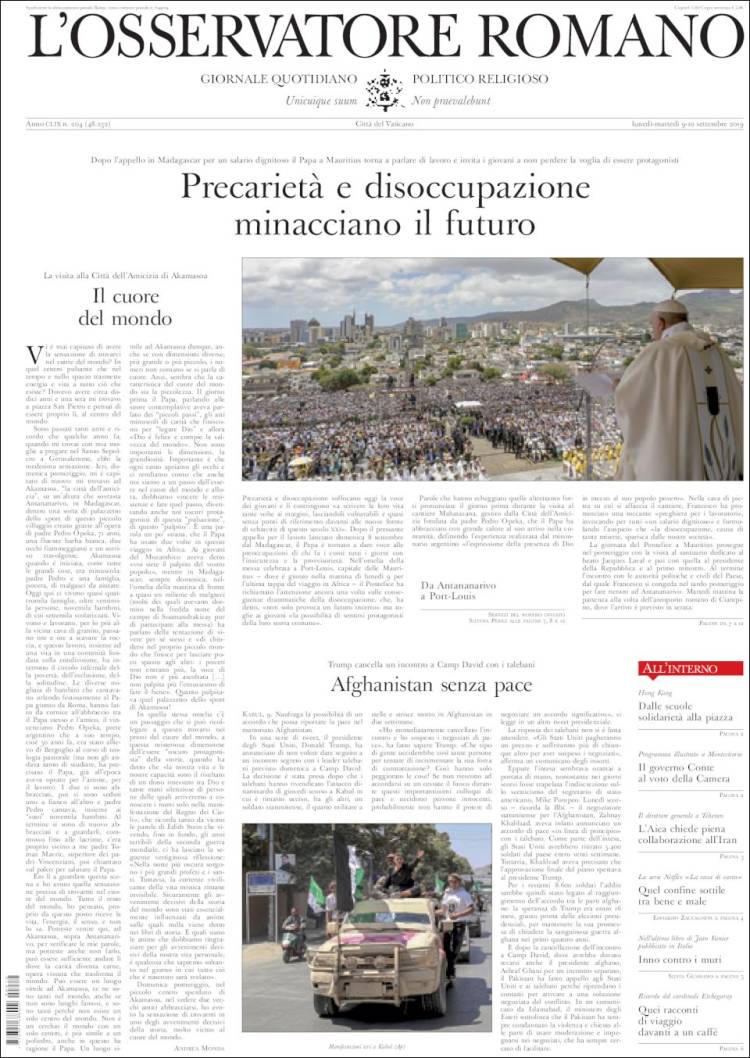 Portada de L'Osservatore Romano (Italia)