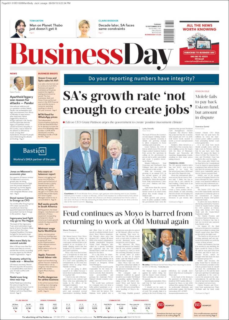 Portada de Business Day (Sud&aacute;frica)