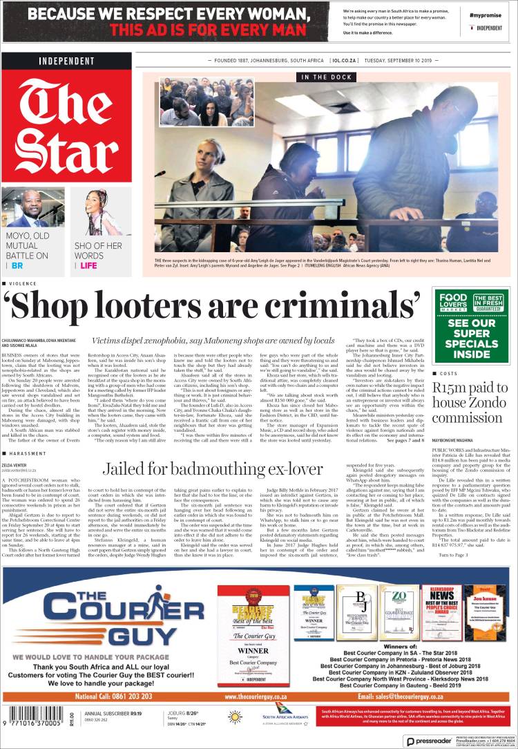 Portada de The Star (Sud&aacute;frica)