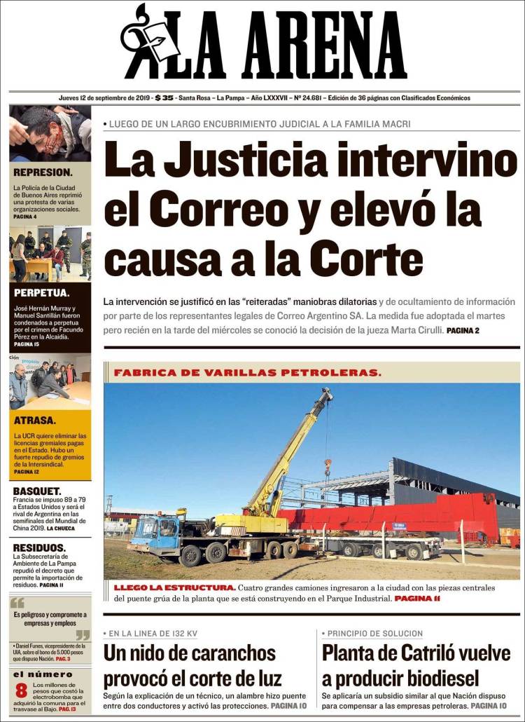 Portada de Diario La Arena (Argentina)