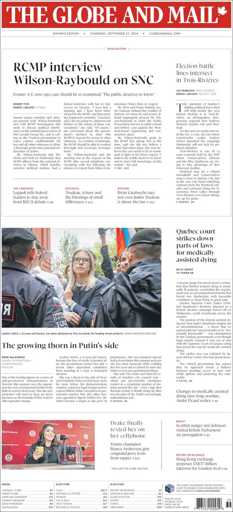 Portada de The Globe and Mail (Canada)