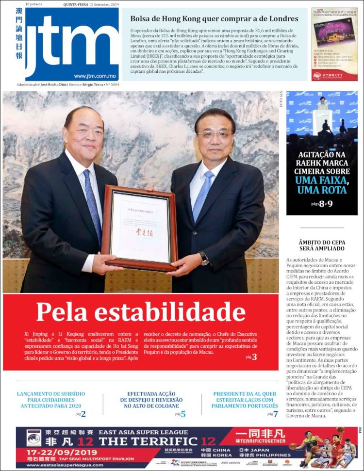 Portada de Jornal Tribuna de Macau (China)
