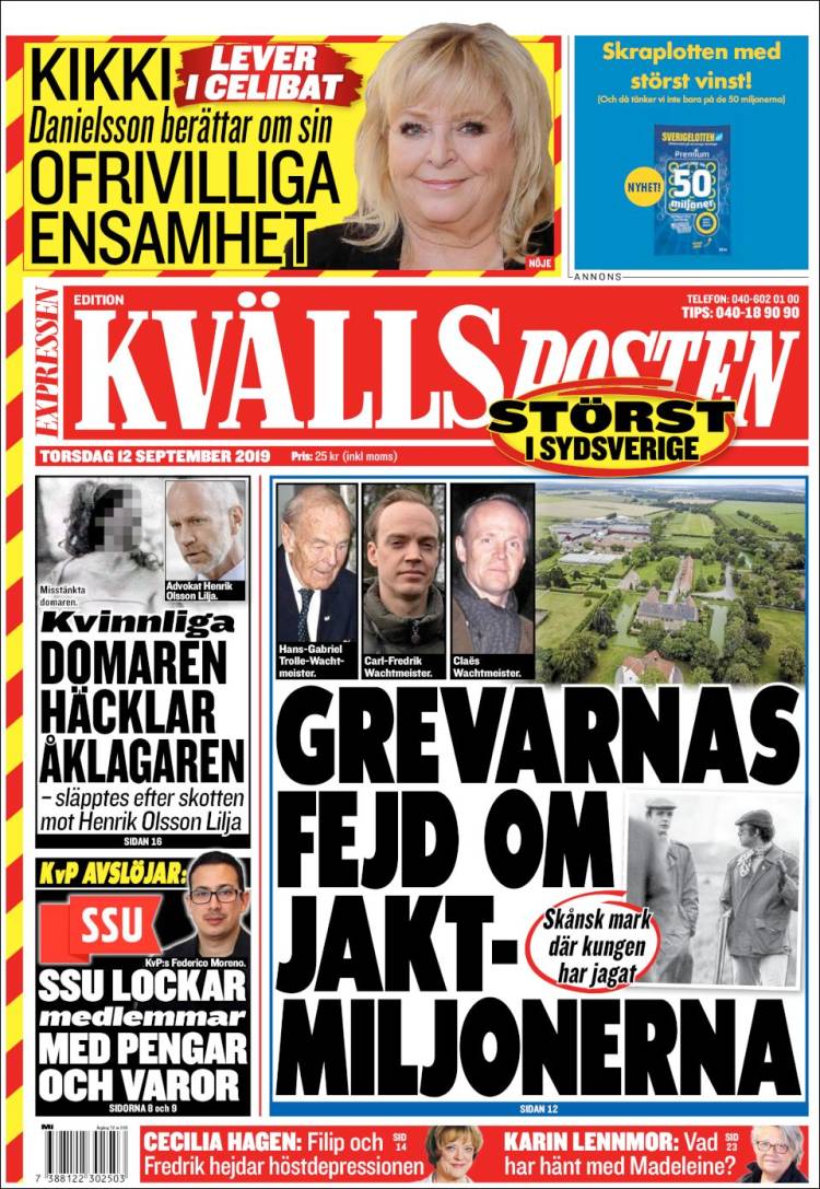 Portada de Kvällsposten (Suecia)