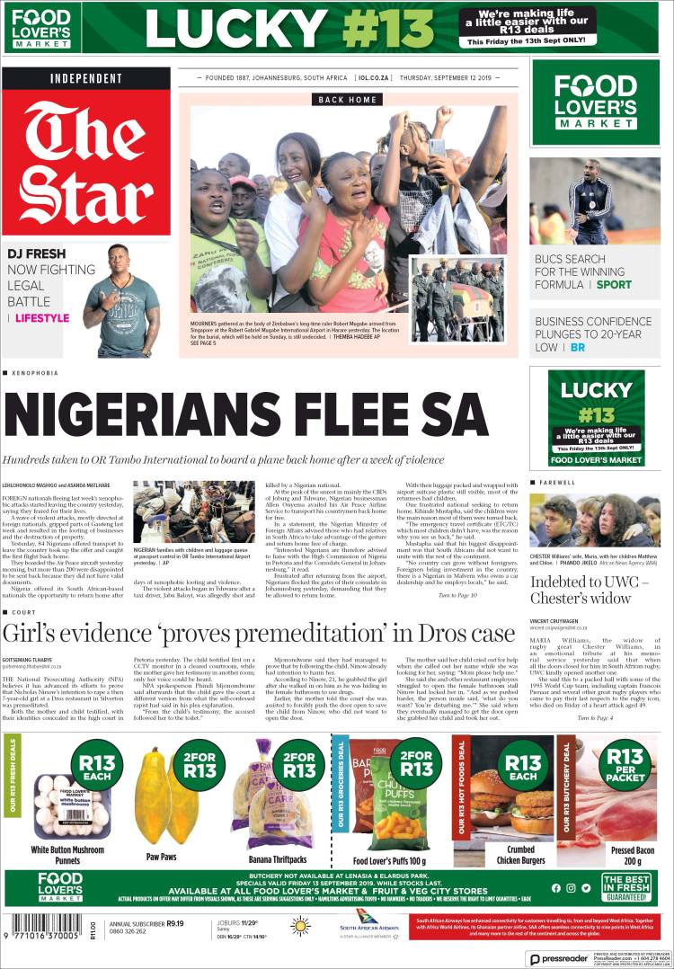 Portada de The Star (Sud&aacute;frica)