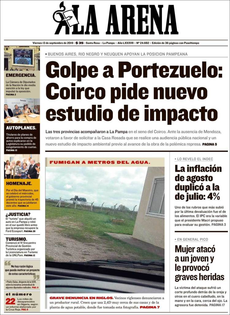 Portada de Diario La Arena (Argentina)