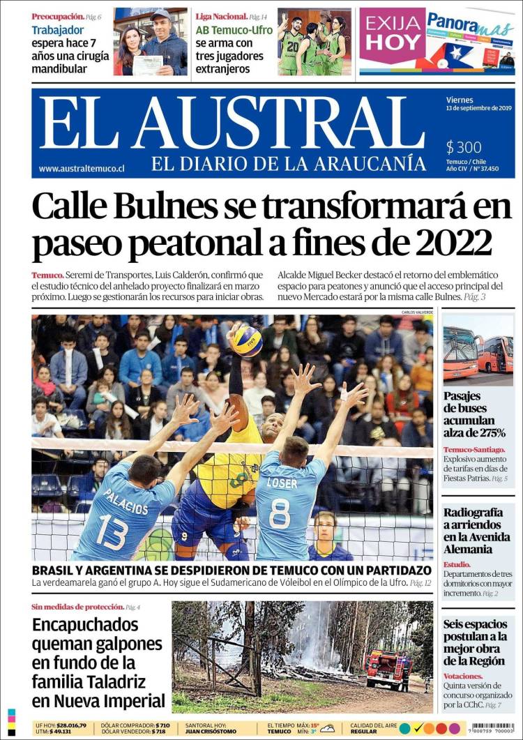 Portada de El Austral de Temuco (Chile)