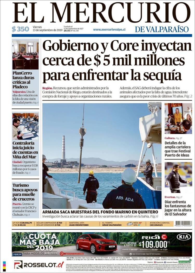 Portada de Mercurio de Valparaiso (Chile)