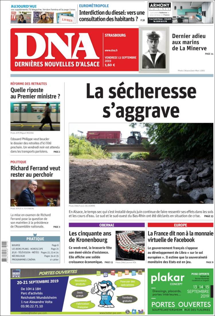 Portada de Les Dernières Nouvelles d'Alsace (Francia)