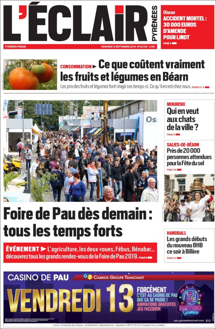 Portada de L'Eclair des Pyrénées (Francia)