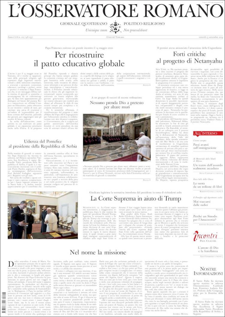 Portada de L'Osservatore Romano (Italia)