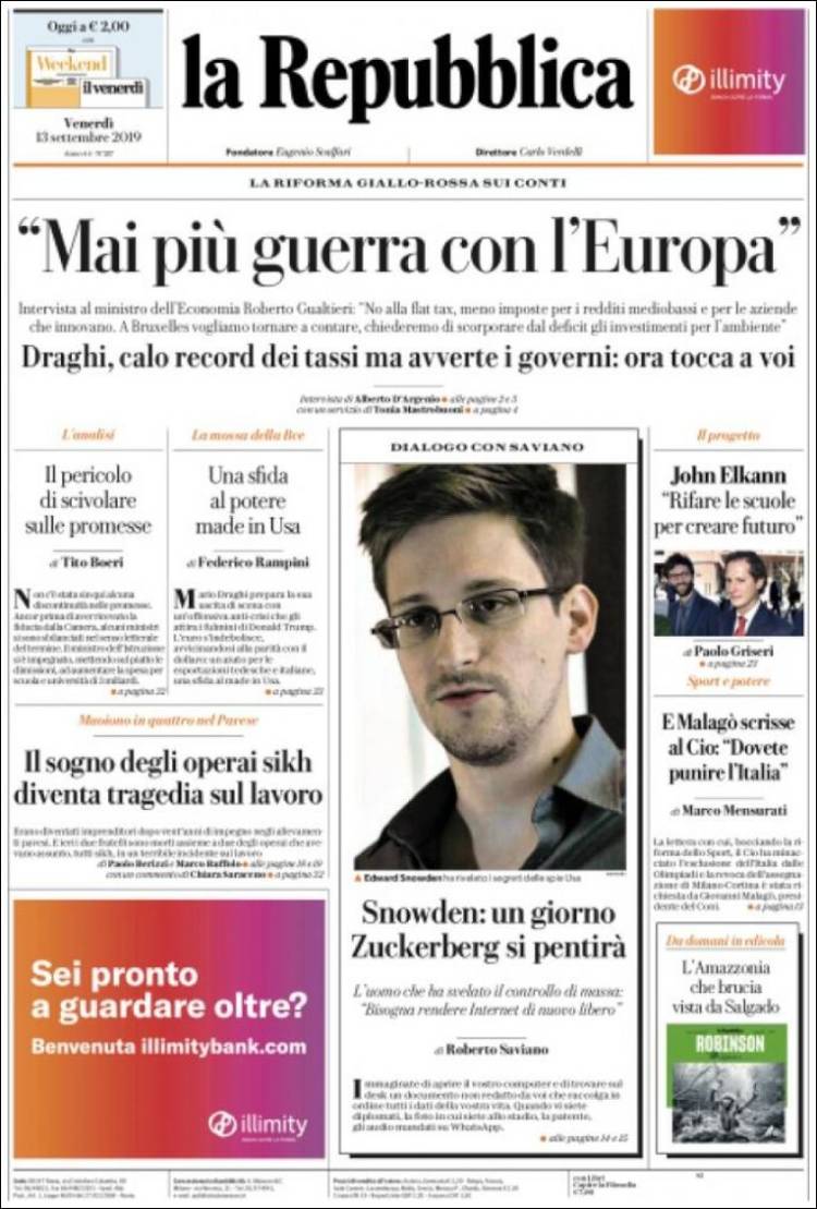 Portada de La Repubblica (Italy)
