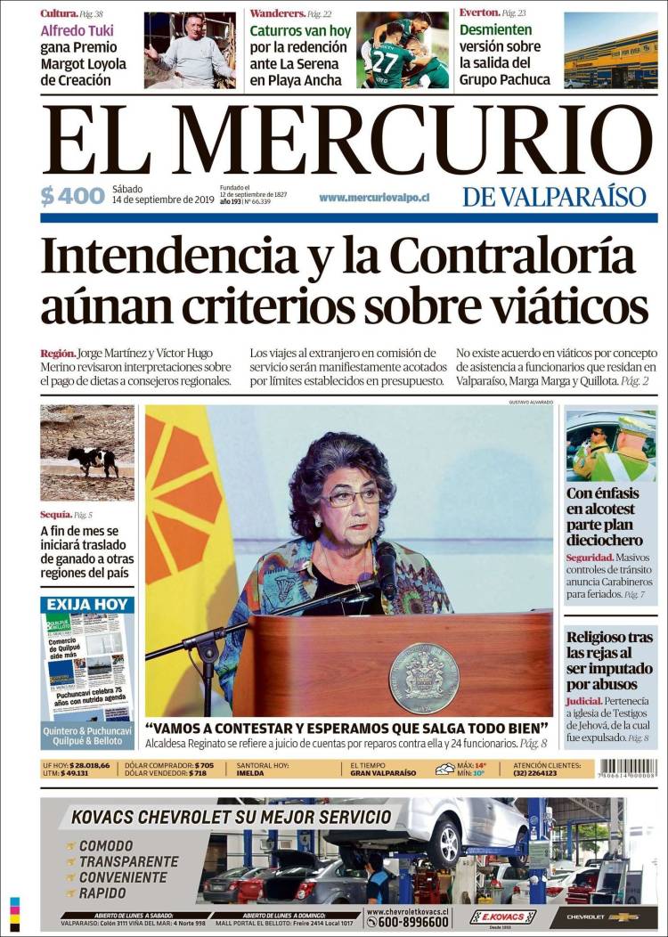 Portada de Mercurio de Valparaiso (Chile)