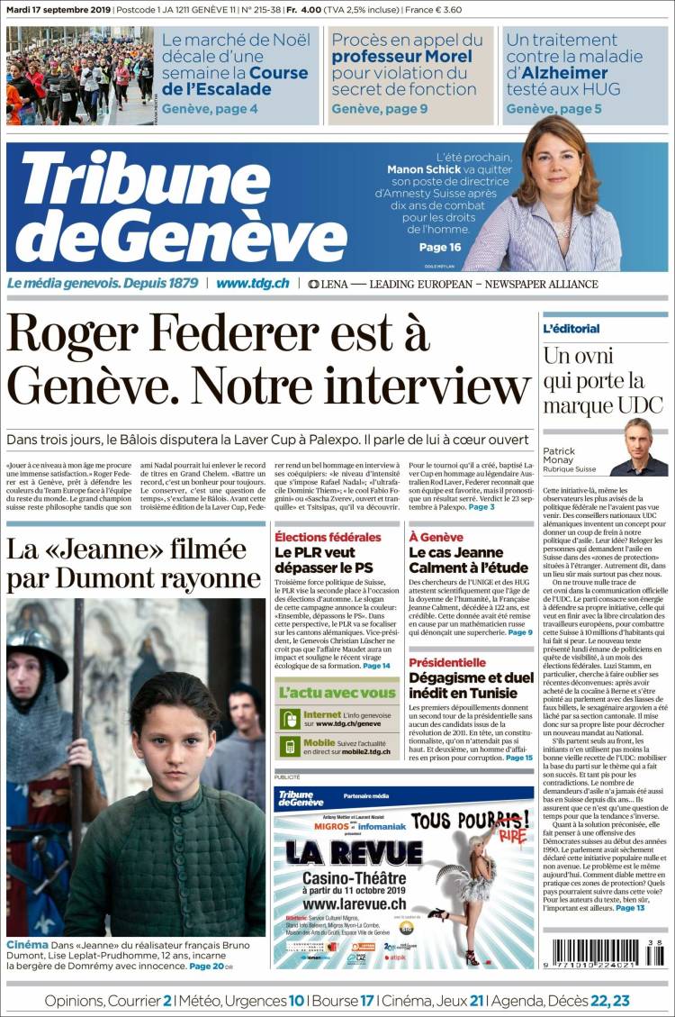 Portada de La Tribune de Genève (Suiza)