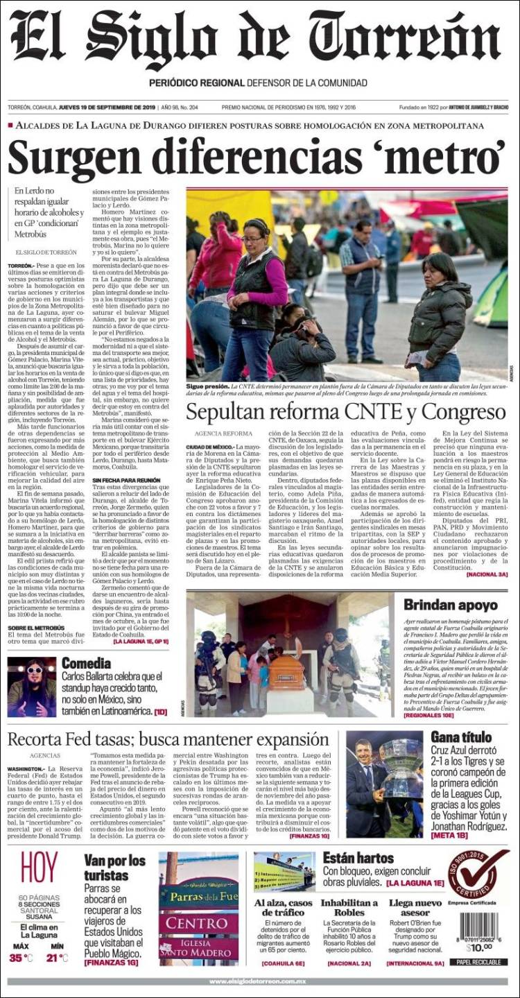 Portada de El Siglo de Torreon (M&eacute;xico)