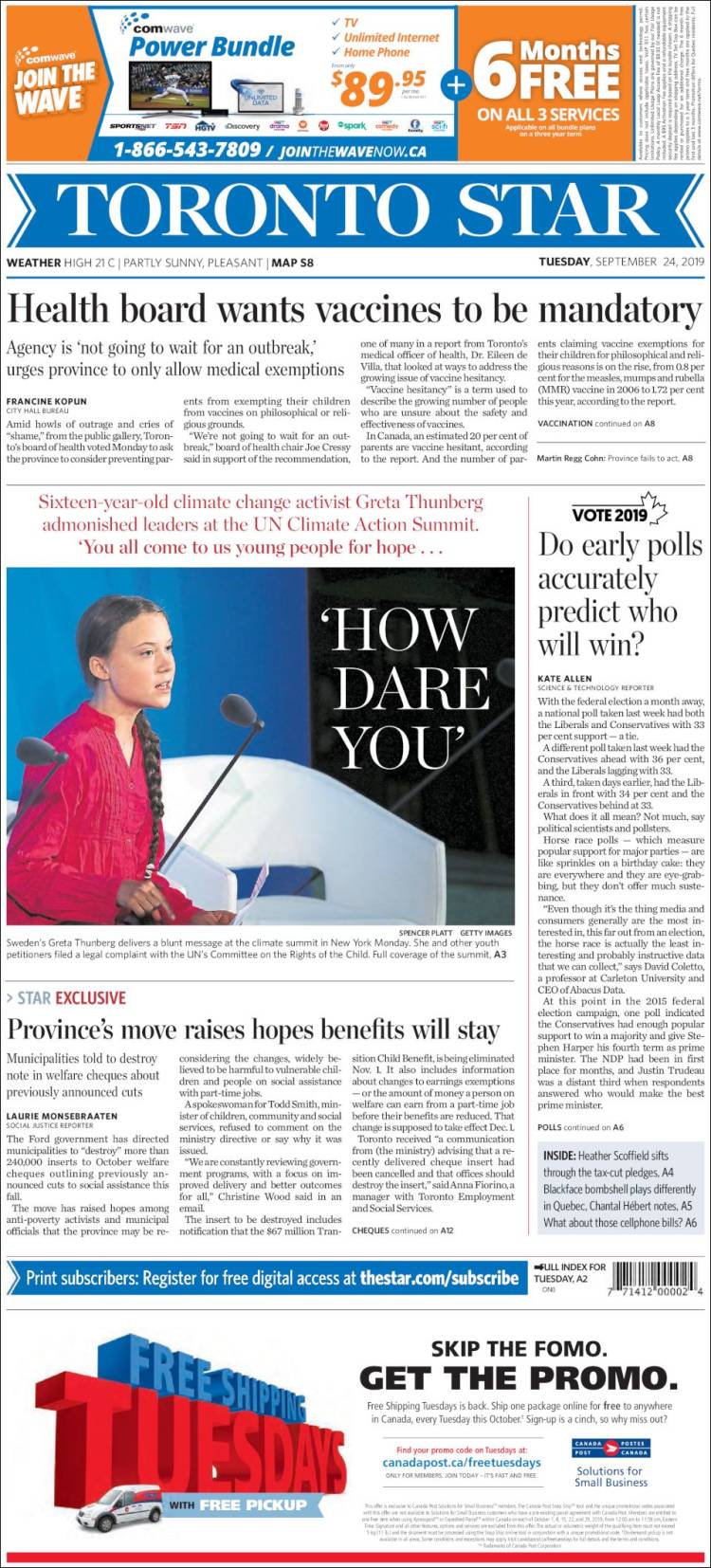 Portada de The Toronto Star (Canadá)