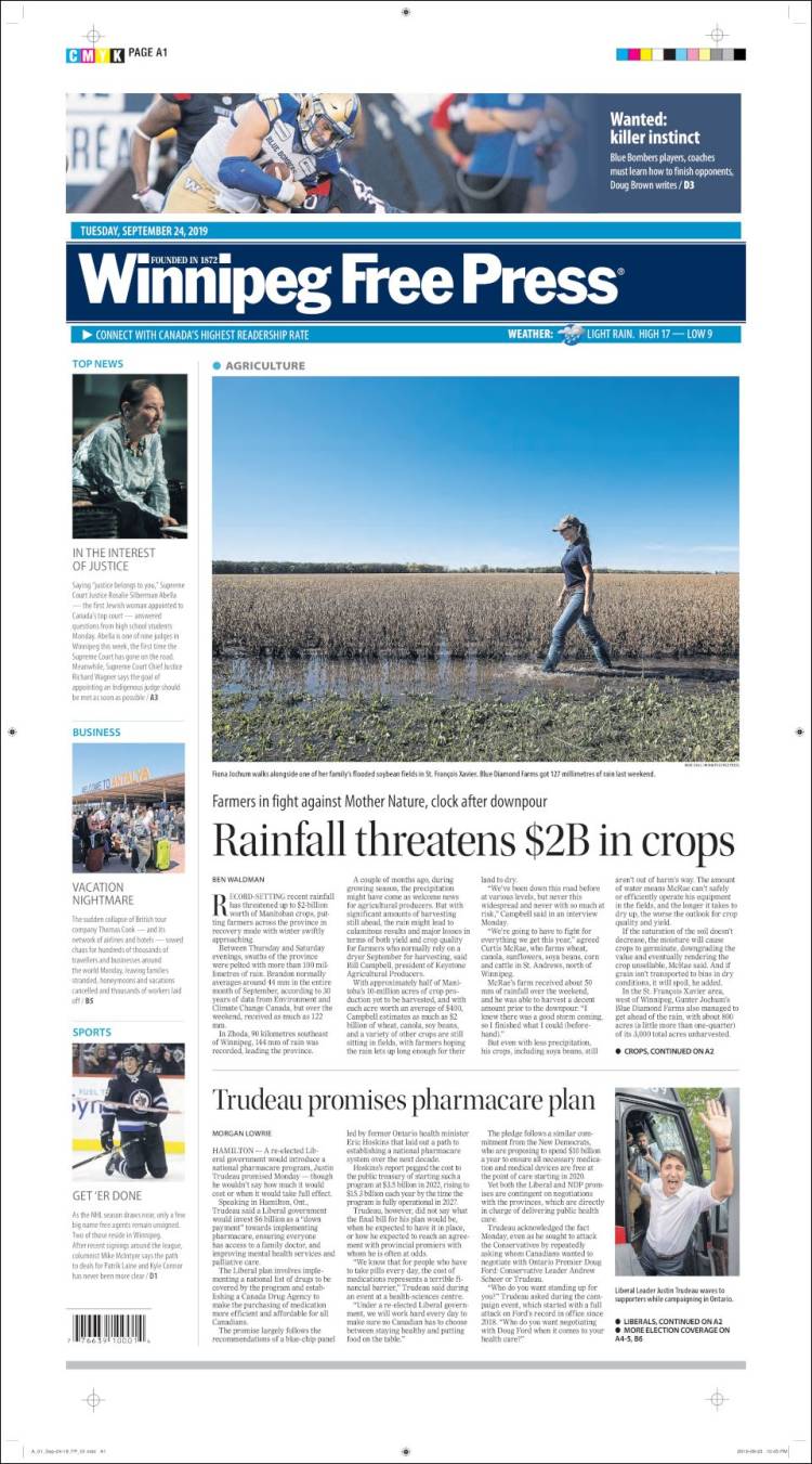 Portada de Winnipeg Free Press (Canada)