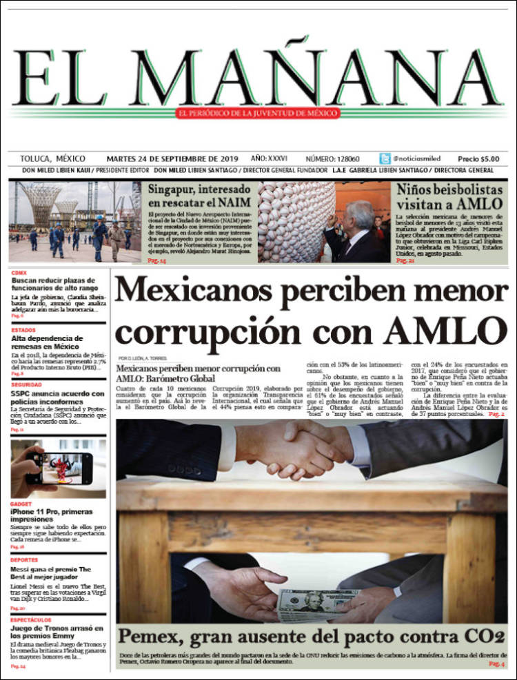 Portada de El Mañana de Toluca (M&eacute;xico)