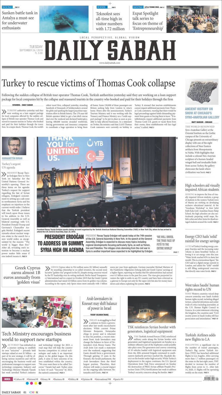 Portada de Daily Sabah (Turqu&iacute;a)