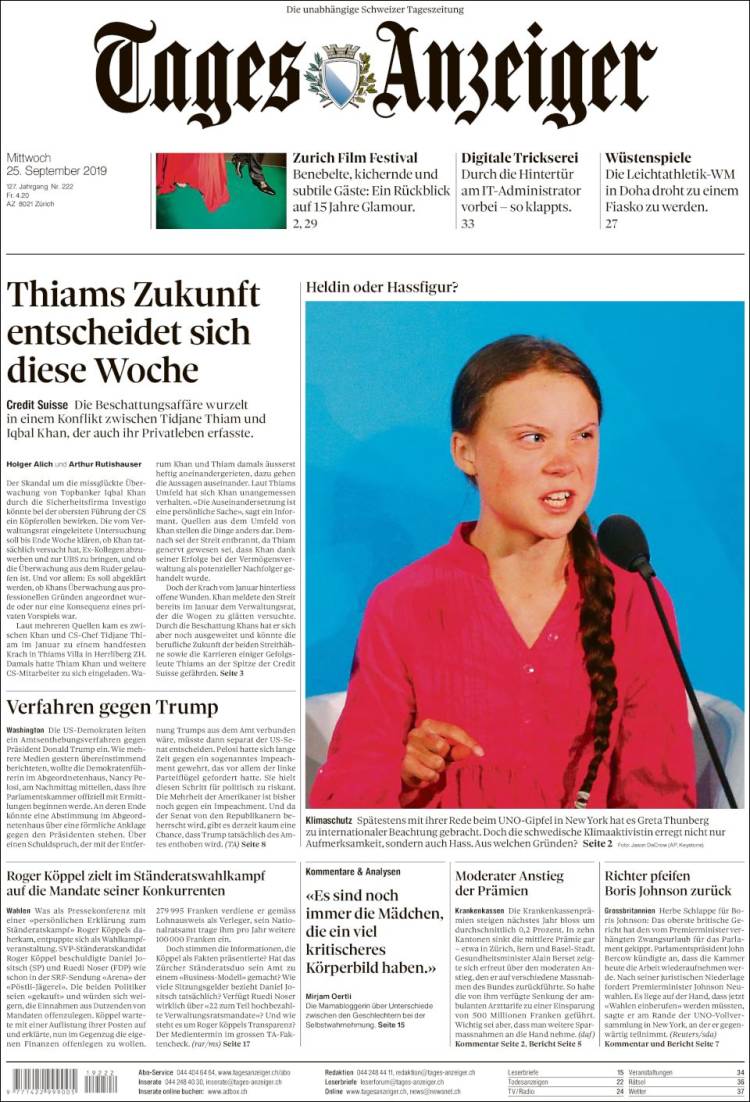 Portada de Tages-Anzeiger (Suiza)