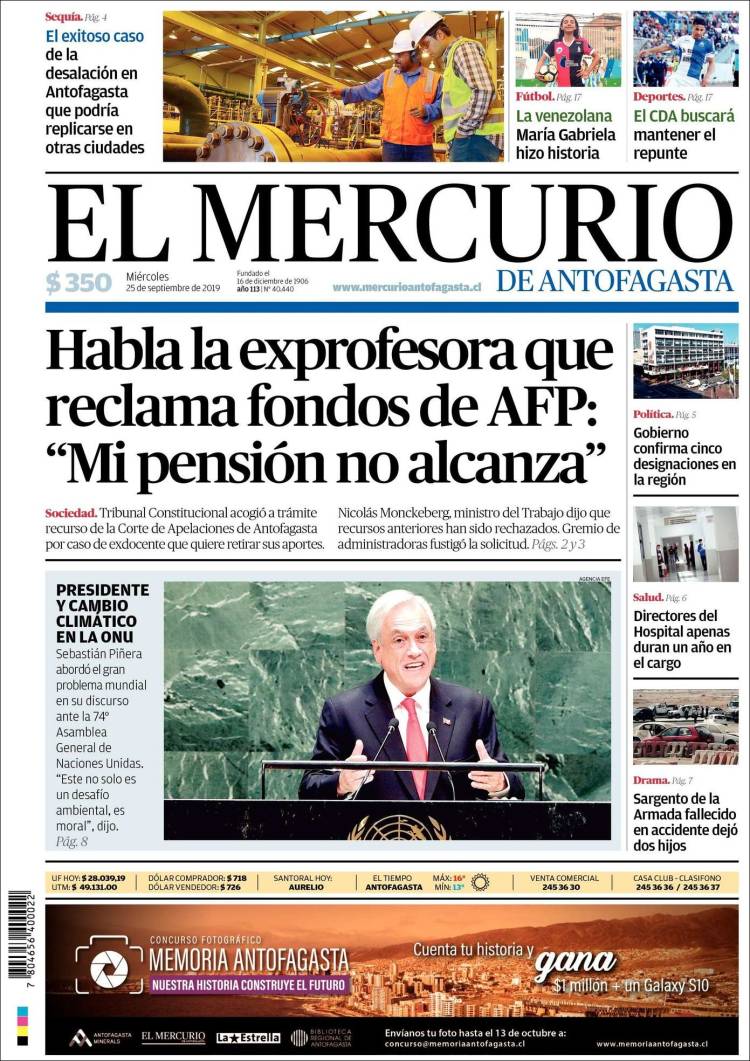 Portada de El Mercurio de Antofagasta (Chile)