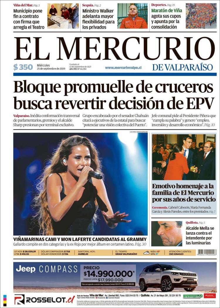 Portada de Mercurio de Valparaiso (Chile)