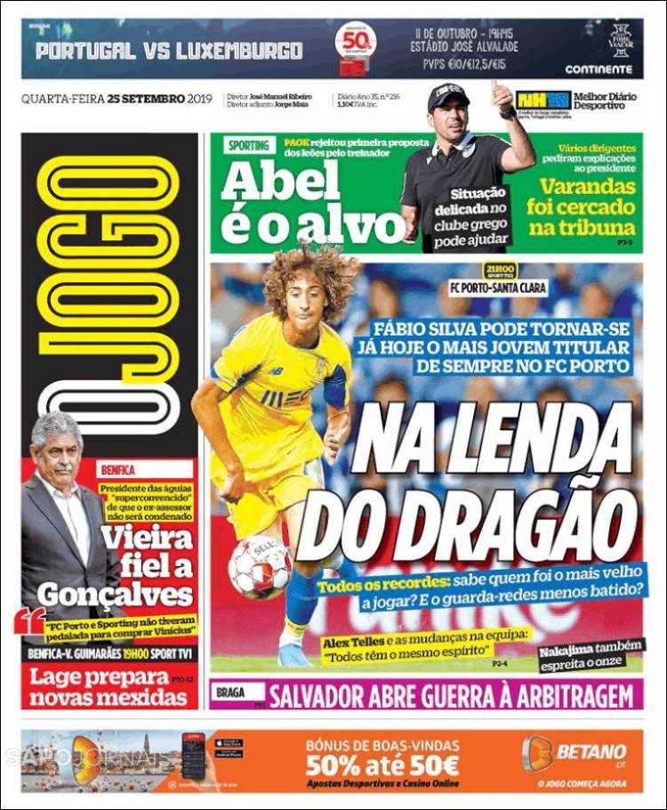 Portada de O Jogo (Portugal)