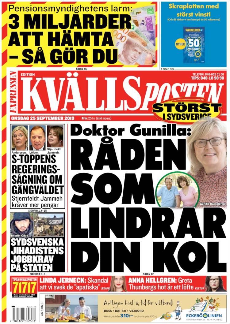 Portada de Kvällsposten (Suecia)
