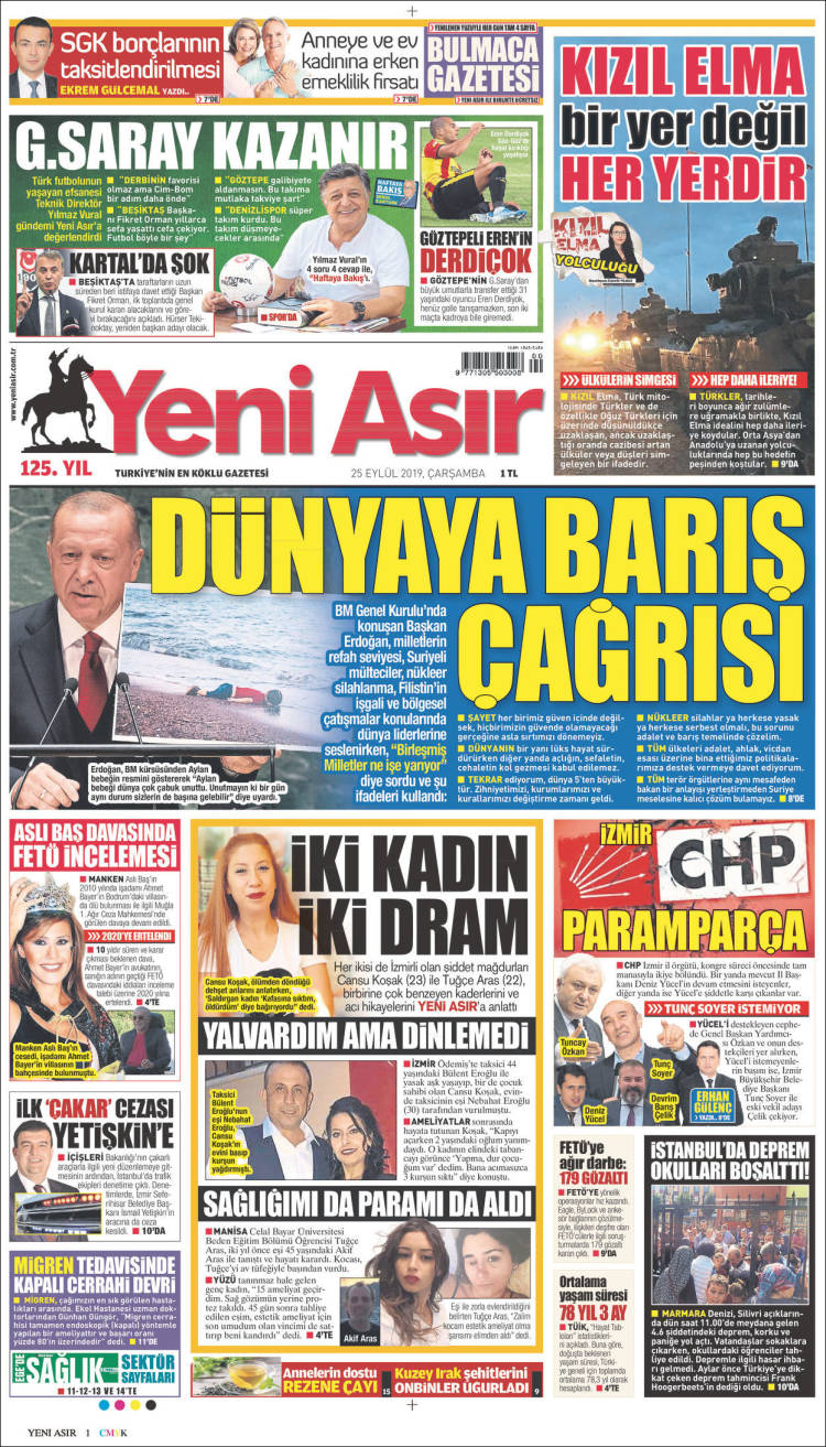 Portada de Yeni Asır (Turqu&iacute;a)